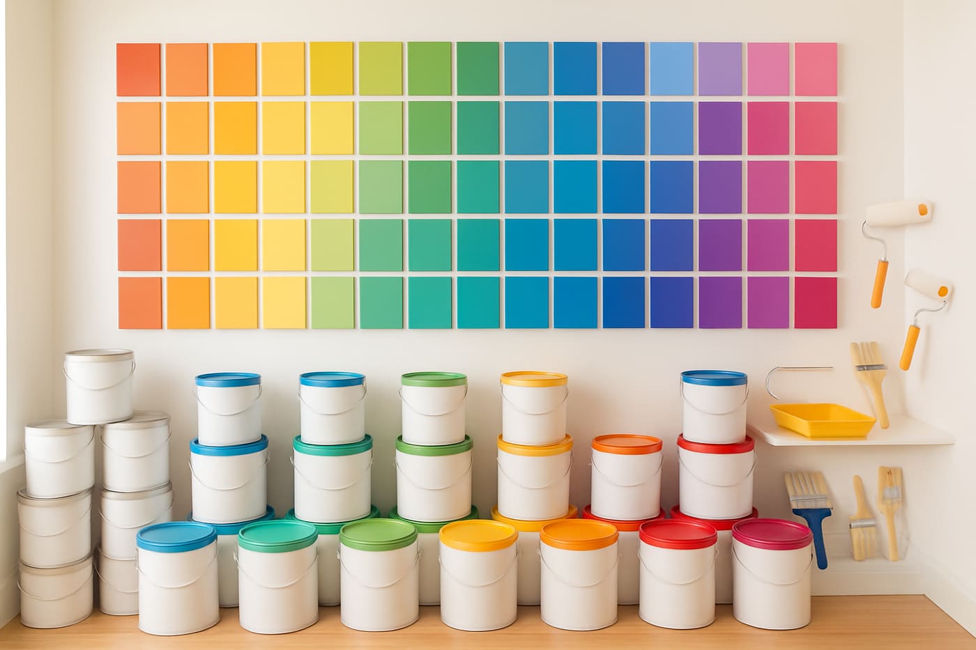 Parede de cores e latas de tinta na loja